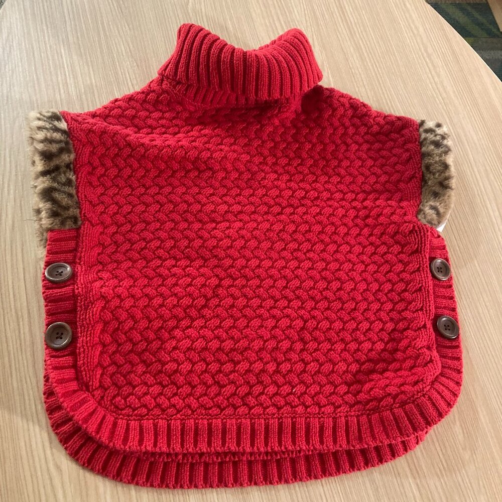 Aspen Kids Poncho Style Small 5/6 Red Faux Leopard Trim Button Side Turtleneck